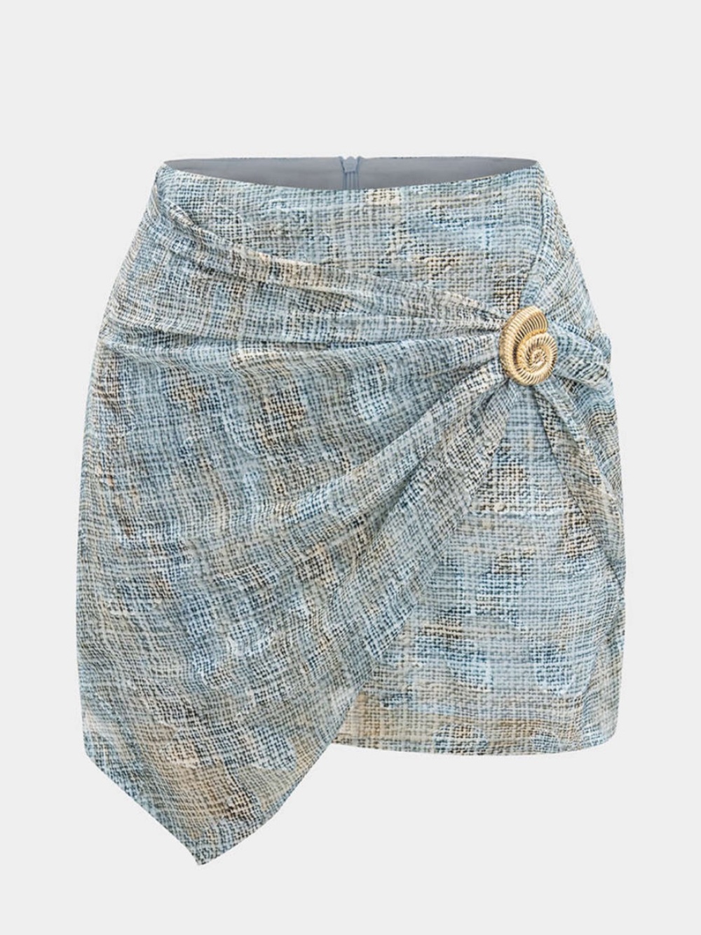 Mica’s Light Blue Tweed Draped Mini Skirt with Gold Accent